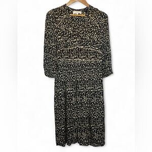 BA&SH Esmee Smocked‎ Printed Hammered Satin Soft & Silky Black Tan Midi Dress 1